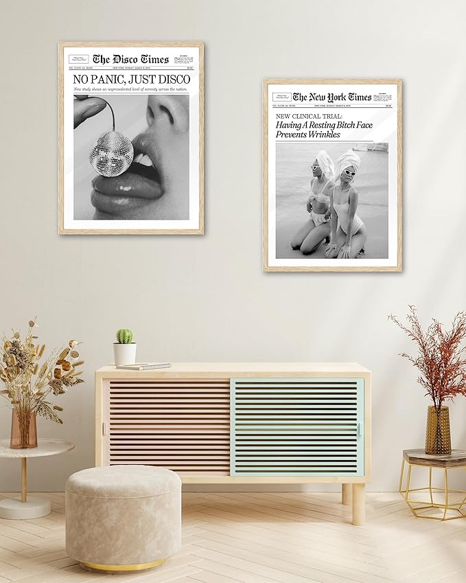 iHery Funny Having A Prevents Wrinkles Framed Trendy Hot Girls NewsPaper Wall Art, Natural OAK Wood 12x16in Canvas Wall Art,Retro Magazine Vintage Bar Cart Living Room Home Décor 1Pack