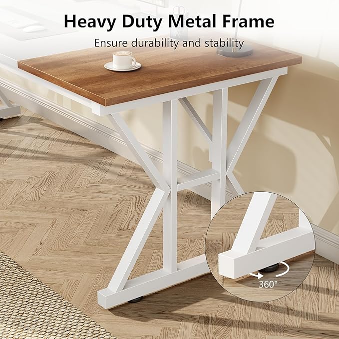 TVU Computer Desk, 63 inch Large Office Desk, Study Writing Table with Thicken Frame, Gaming Desk, Modern Simple Desk for Home Office, Brown/White