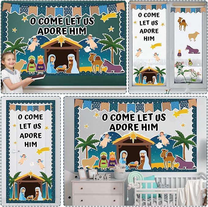 Religious Christmas Bulletin Boards Christian Nativity Scene Bulletin Board Decorations Set Jesus Birth Bible Classroom Decor Paper Border Cutout for Sunday School Church Chalkboard Wall