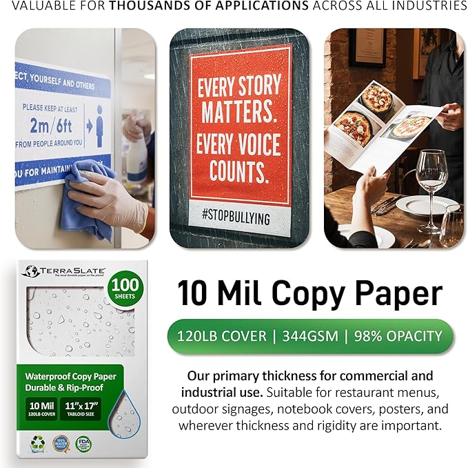 TerraSlate Copier Paper 10 MIL 11" x 17", Rain/Weather/Waterproof Paper, Laser Printer & Copy Machine Compatible, White (100 Sheets)