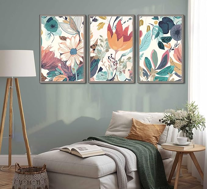 3 Pcs Boho Wild Flowers Canvas Wall Art Neutral Watercolor Boho Abstract Floral Botanical Painting Picture Wall Decor Poster Print Artwork for Living Room Bedroom Home Decoration Unframed