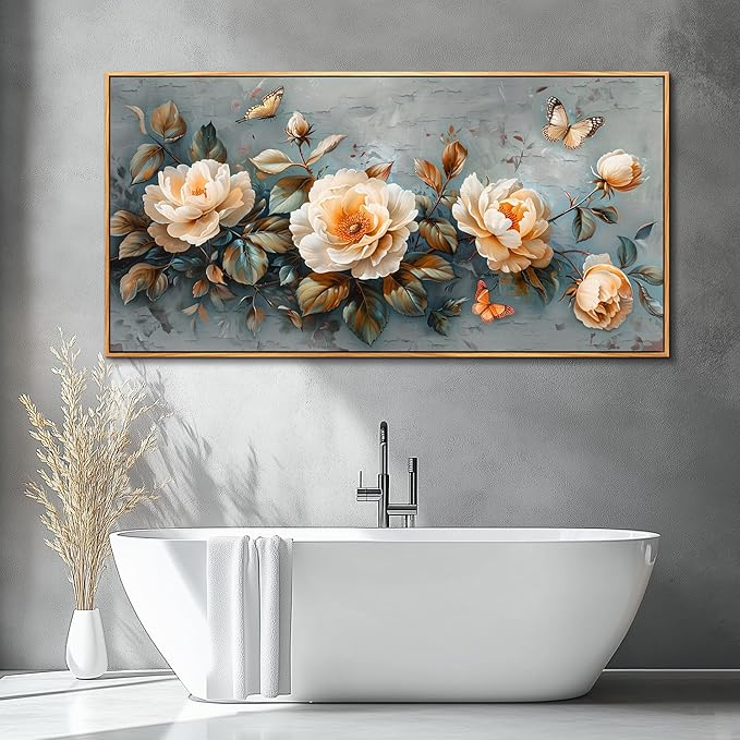 PHAOHUAXM Wall Art For Living Room Canvas Wall Decor For Bedroom White Ink-Wash Flower Wooden Frame Paintings Office Restaurant Room Decorations Printing Artwork Ready To Hang Home Decor 20" X40