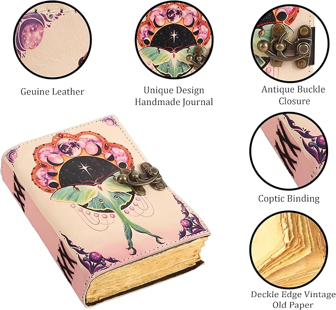 TUZECH Book of Spells Leather Bound Journal Deckle Edge Paper Grimoire Printed Diary Third Eye witchcraft supply and Witch Spell Notebook Antique Vintage Book for Men and Women (Pink Luna Moth)
