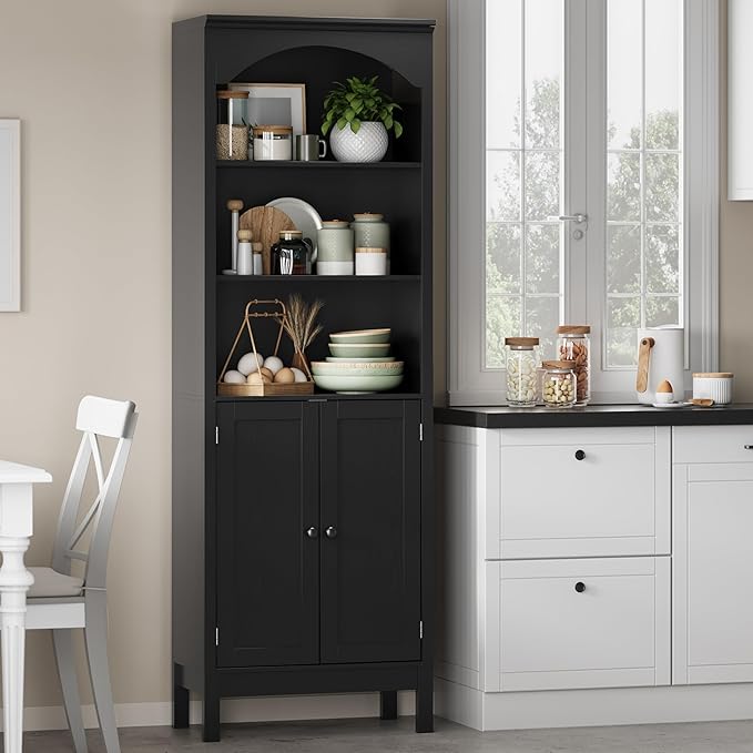 Bookshelf with Doors, 71" Tall Wood Book Shelf with Cabinet, 24" Wide Arched Bookcase with Adjustable Shelf, Floor Standing Display Storage Cabinet for Home Office, Study and Living Room, Modern Black