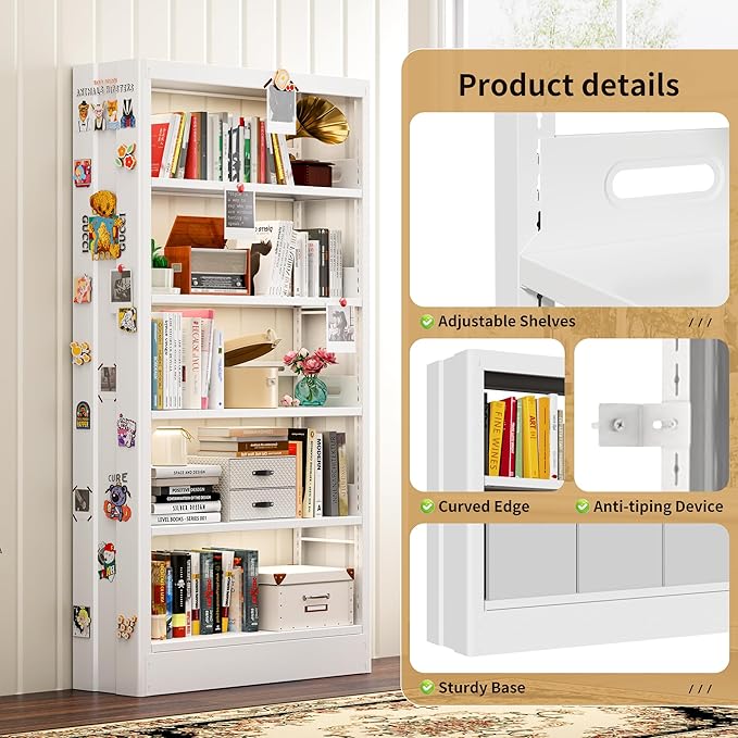 70.9" H Metal Bookshelf, Adjustable Bookcase, 5-Tier Heavy Duty Bookshelf with Bookend, Tall Bookshelves, Bookcase Shelf for Living Room, Office, Library,Classroom (White-108.3W)