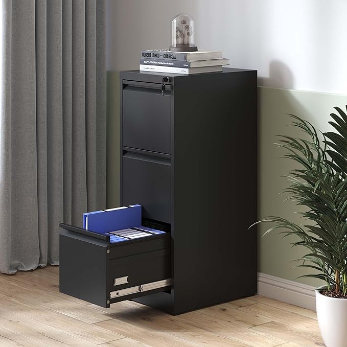 3 Drawer File Cabinet with Lock, Vertical Filing Cabinets for Home Office, Locking File Cabinet Hanging Files for A4/ Legal/Letter, Require Assembly, Black
