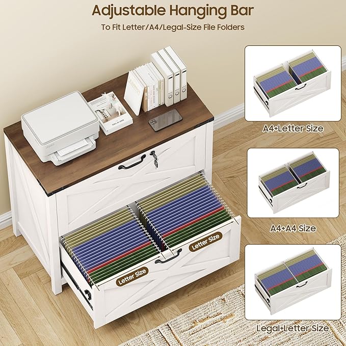 Farmhouse File Cabinet, Lateral Filing Cabinet with 2 Drawers with Lock for Letter/A4 Size Hanging Files, Large Wooden Printer Stand File Storage Cabinet for Home Office, Rustic White
