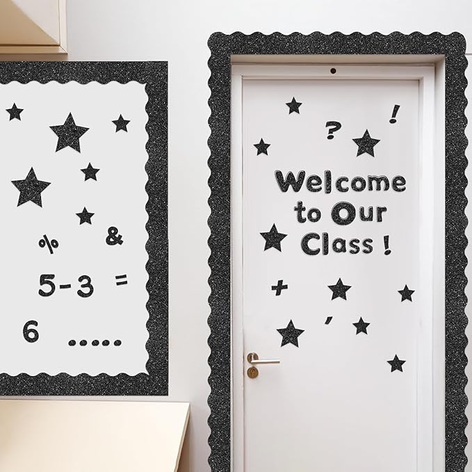Kosiz Black Glitter Bulletin Board Decoration Set 118 ft Scalloped Winter Bulletin Board Borders Classroom Poster Border Trim with 257 Pcs Letter Number Symbol Cutout for School Christmas Decor