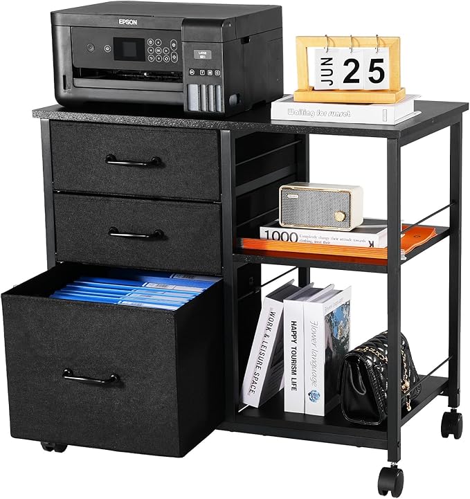 VEVOR Metal File Cabinet, Mobile Filing Cabinet with 3 Fabric Drawers and 2 Open Shelves, Wooden Vertical Filing Storage Cabinets with Wheels for Letter, A4, Legal Size File, Easy Assembly, Black