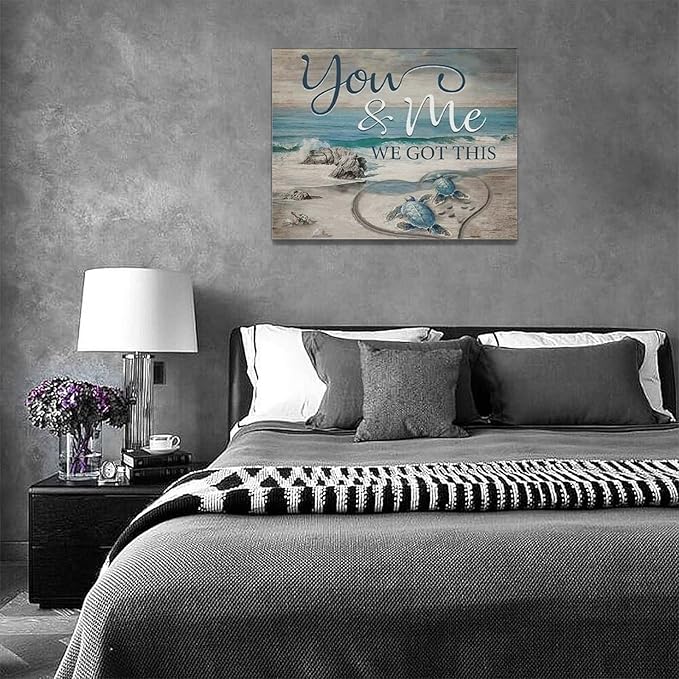 Beach Sea Turtle Bathroom Wall Art Coastal Turtle Love Pictures Wall Decor Ocean Nautical Canvas Seascape Painting Modern Artwork Home Decoration for Living Room Bedroom Office Framed 16"x12"