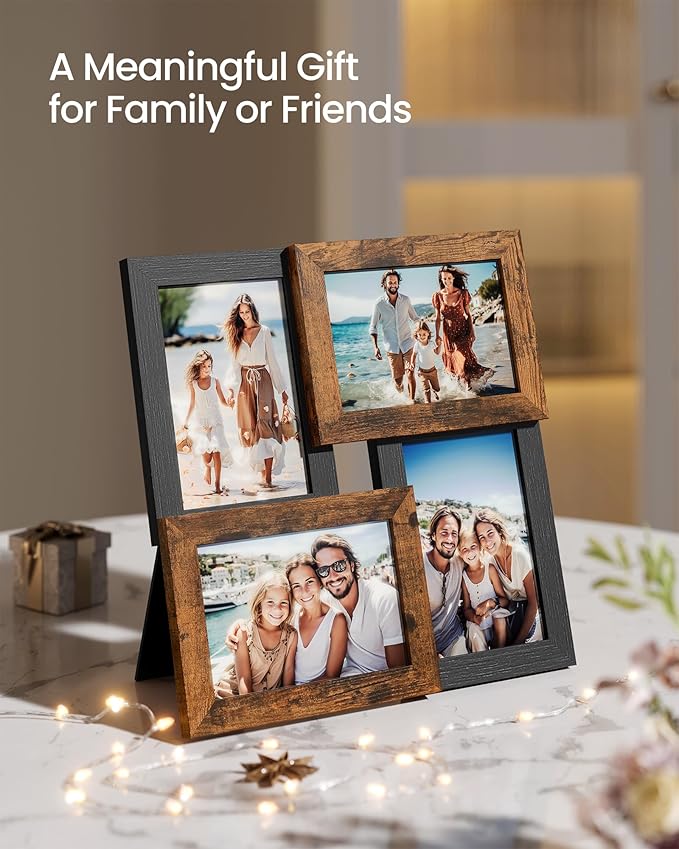 SONGMICS Collage Picture Frames, 4x6 for Wall Decor, Multi Family Photo for Gallery Decor, Hanging Display, Set of 4, Ink Black and Rustic Brown URPF025K01