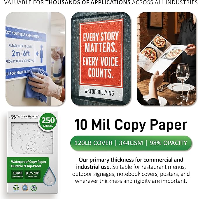 TerraSlate Printable Waterproof Paper for Laser Printer, 10 MIL 8.5" x 14", 250 Sheets, Matte White Printer Paper, Rip-Resistant, Weather/Rain Proof Copy Paper