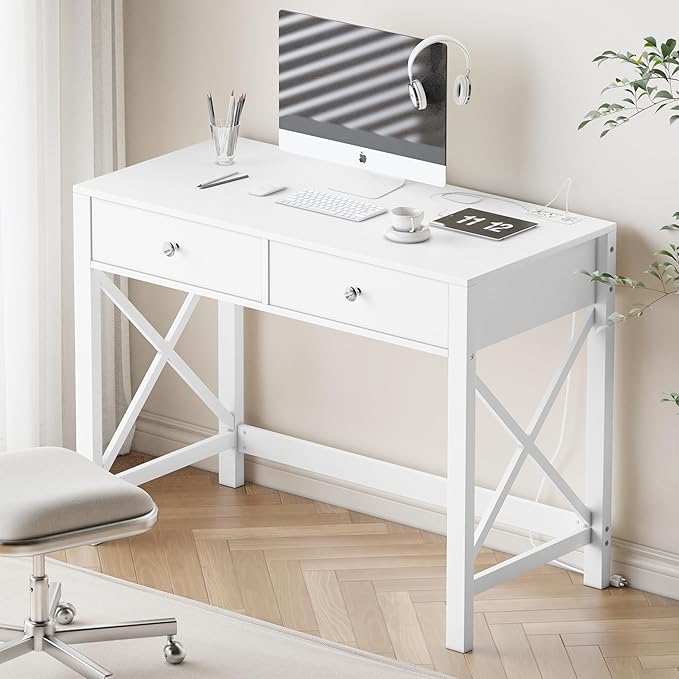 WiberWi Home Office Desk with Drawers, White Modern Writing Computer Desk with Power Outlets, Small Makeup Vanity Table for Bedroom, Study Table for Home Office