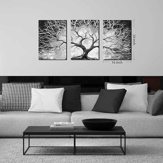 Tree Pictures Wall Art for Living Room - Black and White Canvas Wall Art for Bedroom - Home Office Decor Wall Size 16" x 24" x 3 Pieces