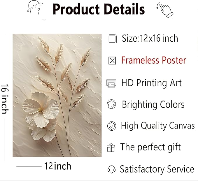 3Pcs Neutral Beige Floral Botanical Canvas Wall art Modern Simple Texture Flower Plant Painting Picture Wall Decor Vintage Blossom Poster Print Artwork for Living Room Bedroom Bathroom Unframed