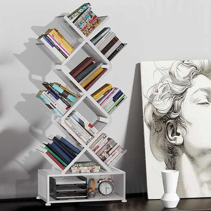 Gintan 9-Tier Corner Bookshelf with Storage,Bedroom Shelves Folding Bookshelves,No Installation Required Shelf Tree Bookcase for Living Room,Study,Home Office,Bed Room (White)