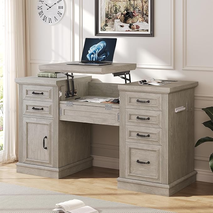 Farmhouse 57" Lift Up Executive Desk with 5 Drawers and Charging Station, Wood Home Office Computer Desk with File Cabinet Storage, Keyboard Tray,Headphone Hook for Work,Study (Grey)