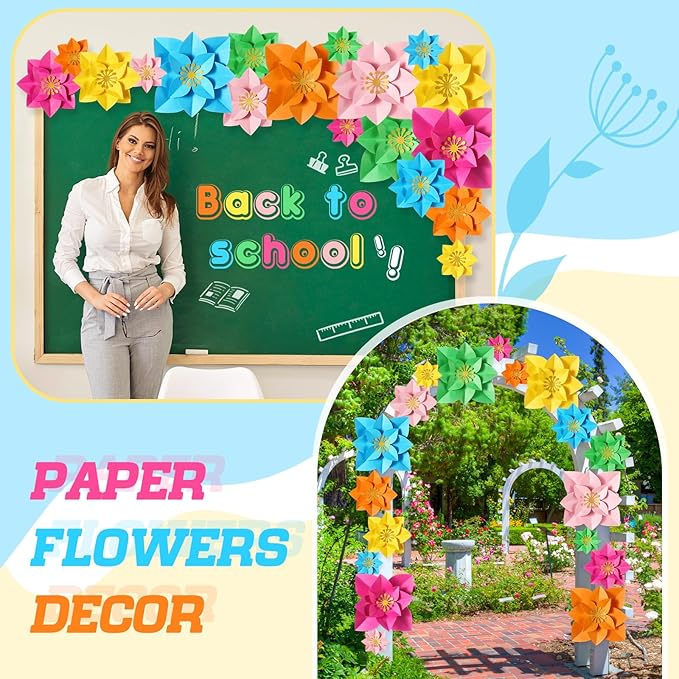 18 Pcs Paper Flowers Decor for Wall DIY Flower Bulletin Board 3D Spring Fiesta Mexican Paper Floral Decoration for Photo Backdrop Classroom Back to School Party(Pointed-Leaf Clover,Rainbow)
