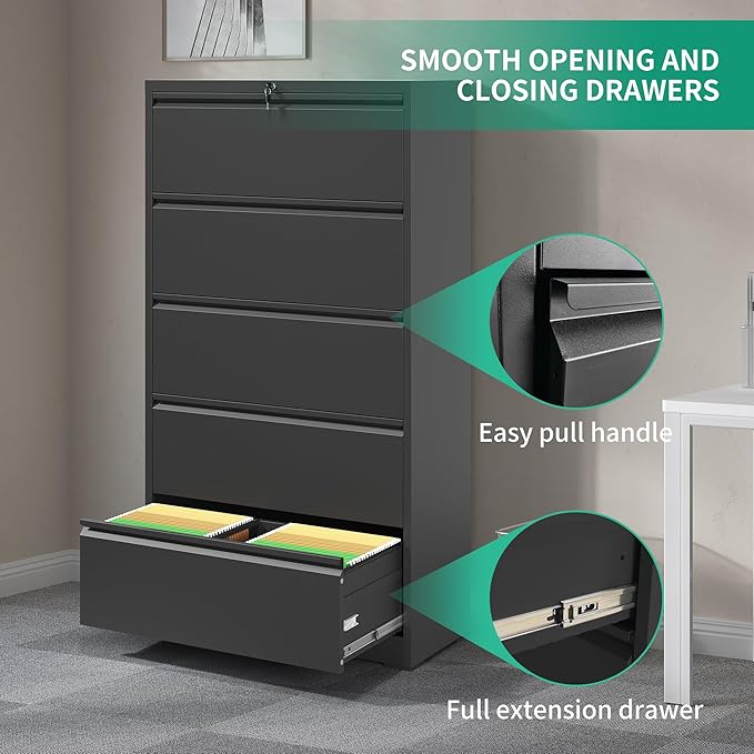 5 Drawer Lateral File Cabinets with Lock,Metal Lateral Filing Cabinet for Home Office,Wide Steel Storage Cabinet Commercial Drawer for Legal/Letter/A4 Size Files Assembly Required