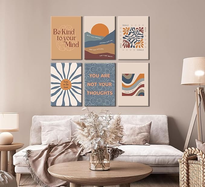 6Pcs Mental Health Wall Art Motivational Psychology Canvas Painting Therapy Office Pictures Wall Decor Boho Style Inspirational Positive Quotes Posters Prints for Home Counseling Office Framed
