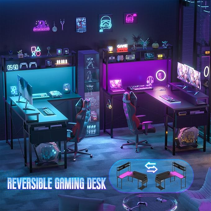 Small L Shaped Desk Gaming Desk with Power Outlets, 48" Reversible L Shaped Computer Desk with Monitor Stand & Storage Shelf, Corner Gamer Desk Home Office Desk with Storage Bag, Black