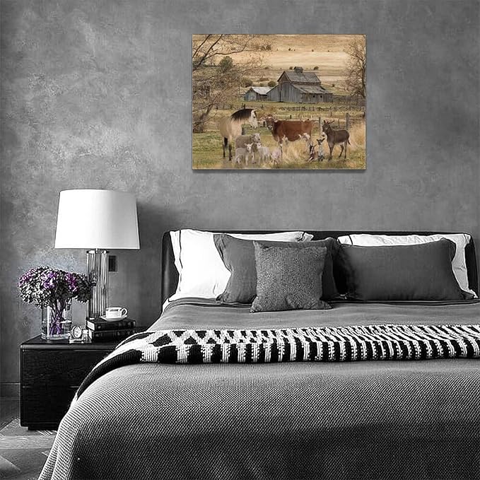 yerretin Farm Animal Wall Art Country Old Barn Pictures Wall Decor Rustic Canvas Print Farmhouse Landscape Painting Modern Home Artwork for Living Room Bedroom Bathroom Office Framed, 16"x12"