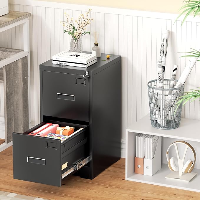 Greenvelly 2 Drawer File Cabinet with Lock, Lockable Vertical File Cabinets for Home Office, Black Metal Filing Cabinet for A4/Letter/Legal Size File, Easy Assemble