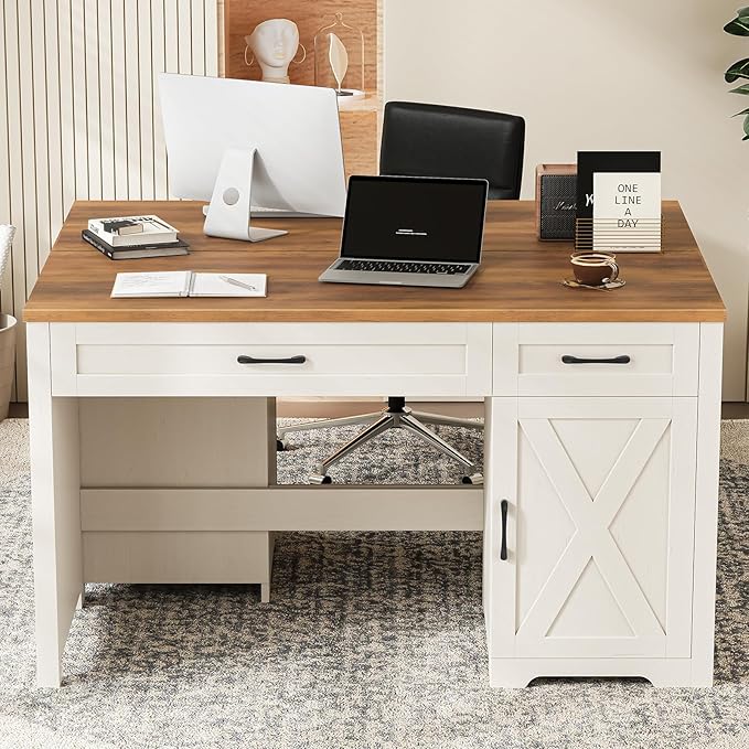 Vabches Farmhouse 47" Executive Desk,Computer Desk with Drawers and Storage Cabinet, Workspace for Home Office and Study
