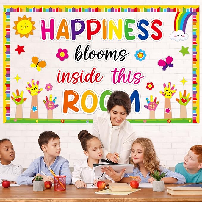 gisgfim Motivational Handprint Bulletin Board Decorations Welcome Back to School Paper Cutouts Happiness Blooms in This Room Classroom Colorful Rainbow Flower Bulletin Board Decor for Chalkboard Wall