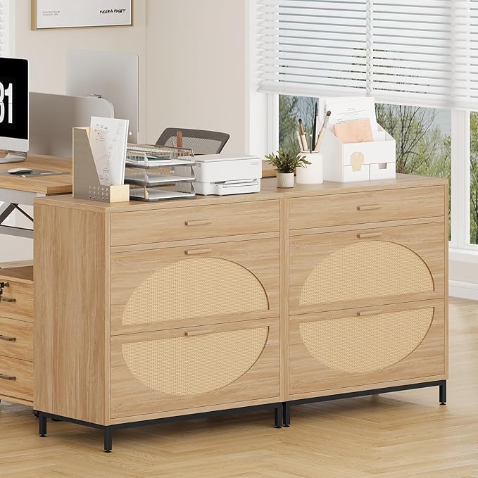 Vabches Lateral File Cabinet with 3 Drawers, Modern Rattan File Cabinet for Legal/Letter/A4 Size Hanging Files, Large Wood Printer Stand Home Office, Natural