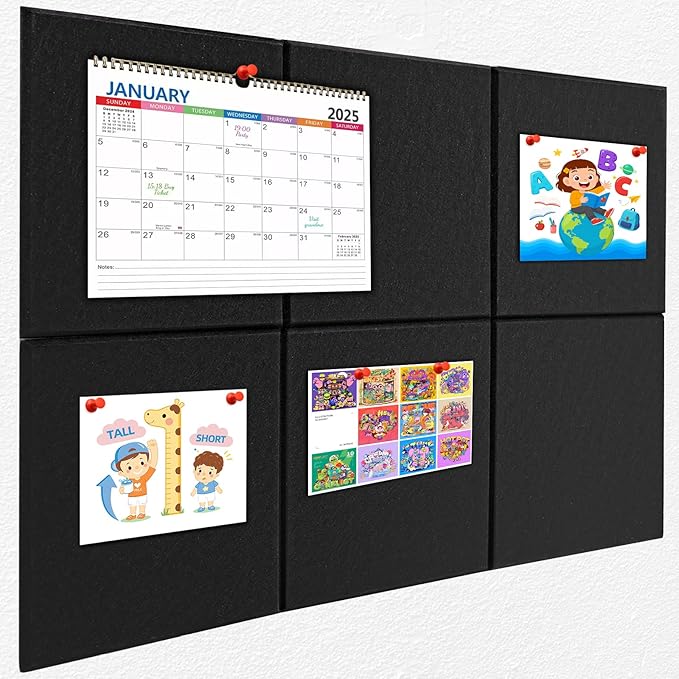 Large Cork Board for Wall 36" x 24", Black Bulletin Board, 6 Pack Felt Wall Tiles with Pushpins, Cork Boards for Office Push Pin Board Tack Board Felt Board, Black