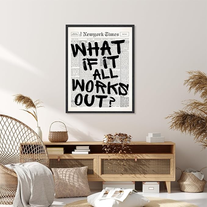 What If It All Works Out Wall Art Retro Black and White Newspaper Motivational Poster Positive Affirming Quote Minimalist Canvas Print for Bedroom Living Room Home Decor 12x16inch Black Framed