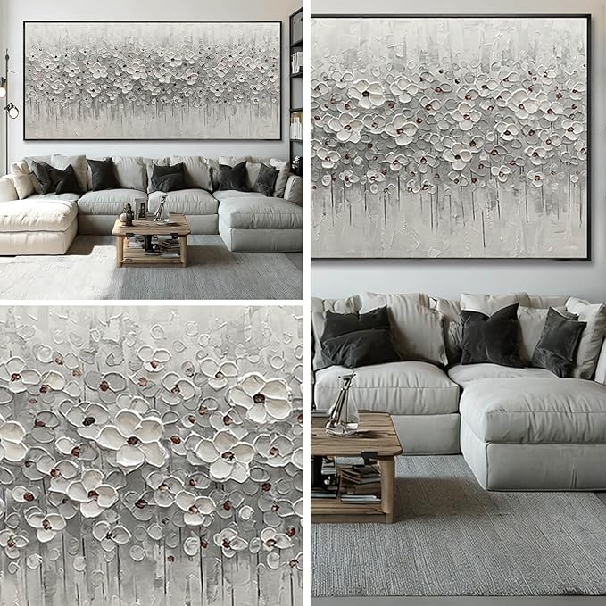 SDYA Oversized White Flower Wall Art, Hand Painted Floral Canvas Paintings With Frame, Extra Large Modern Wall Decor for Living Room Bedroom Office 40"x86"