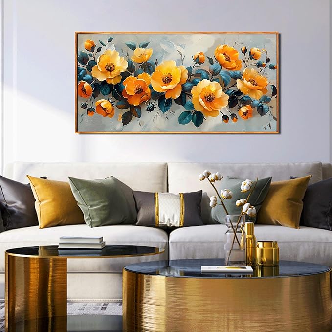 AOZEMI Floral Wall Art for Living Room Bedroom Blossom Wall Decor Yellow Poster Pictures Flower Market Artwork 24"x 48"