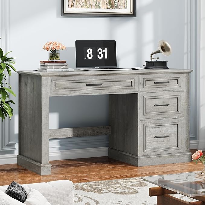 Farmhouse 47" Executive Desk, Computer Desk with Drawers and File Drawer, Workstation Computer Desk with Charging Station for Home Office,Study,(Grey)