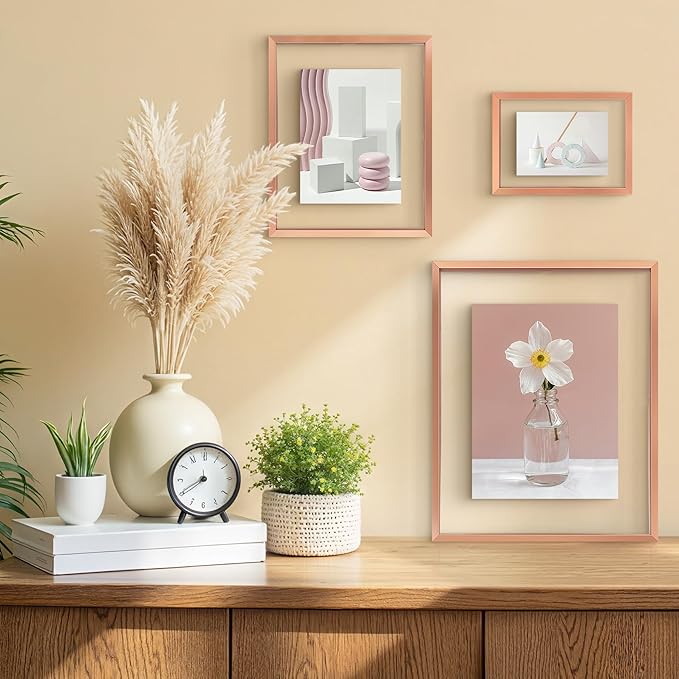 Frametory, Floating Picture Frames Set - Rose Gold Metal Photo Frames - Real Glass - Display One 11x14, Two 8x10, and Four 5x7 Inch Photos for Home Decoration