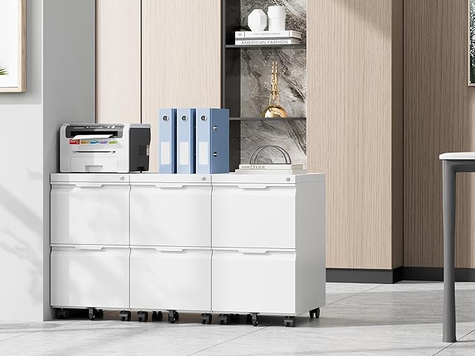 2 Drawer Metal Rolling File Cabinet with Lock, Under Desk Mobile Filing Cabinet for Home Office, Printer Stand with Casters Fits A4/Letter/Legal Size Documents, White