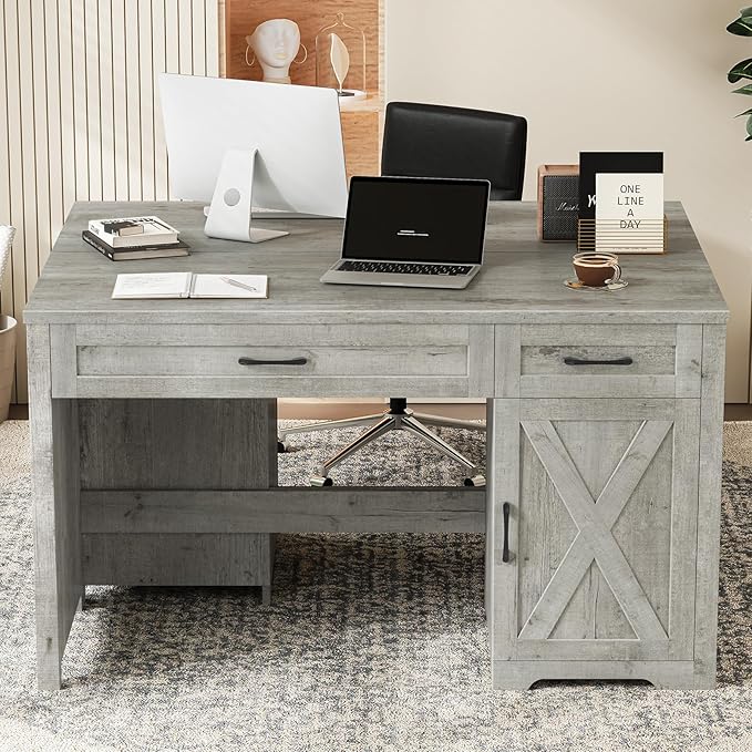 Vabches Farmhouse 51" Executive Desk,Computer Desk with Drawers and Storage Cabinet, Workspace for Home Office and Study.Grey
