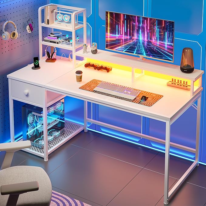 44 Inch Small White Computer Desk with Drawers and Hutch,Reversible Home Office Desk with Monitor Shelf,Gaming Desks with USB Power Outlets&Storage,Writing Table for Bedroom with LED Lights,White