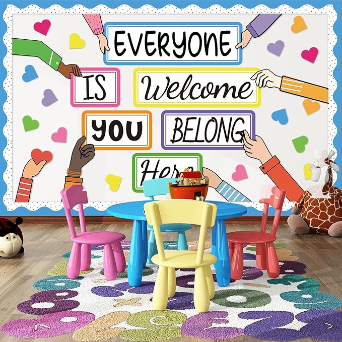 51PCS Everyone is Welcome Bulletin Board You Belong Here Classroom Bulletin Board Decorations Motivational Heart Hand Paper Cutouts for School Classroom Office Home Chalkboard Decor Wall Door Supplies