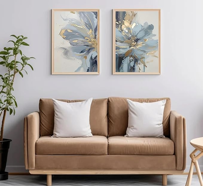 2Pcs Neutral Abstract Floral Canvas Wall Art Luxurious Light Blue Grey And Gold Flower Painting Pictures Wall Decor Poster Print Artwork for Living Room Bedroom Bathroom Home Decoration Unframed