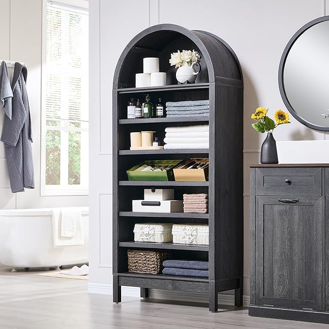 71" Tall Arched Bookshelf, 7 Tiers Arch Bookcase with Storage, Modern Farmhouse Book Shelf with Adjustable Shelves, Wood Bookshelf w/Open Display Shelves for Living Room, Office (Dark Grey)