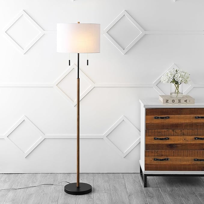 JONATHAN Y 61" Brown Wood/Black 2-Light Iron Candlestick LED Floor Lamp, Rustic Farmhouse Standing Lamp with Dual Pull Chains, White Linen Shade, LED Bulbs Included JYL1141A