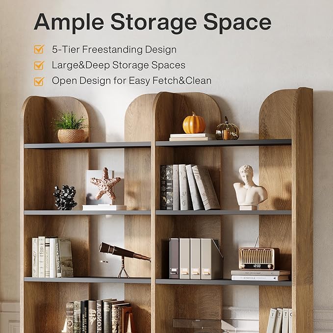 Tribesigns 5-Tier Farmhouse Bookshelf, 70.87-Inch Tall Double Wide Bookcase with Open Shelves, Vintage Floor Standing Book Shelf for Bedroom, Home Office (2, Brown+Black)