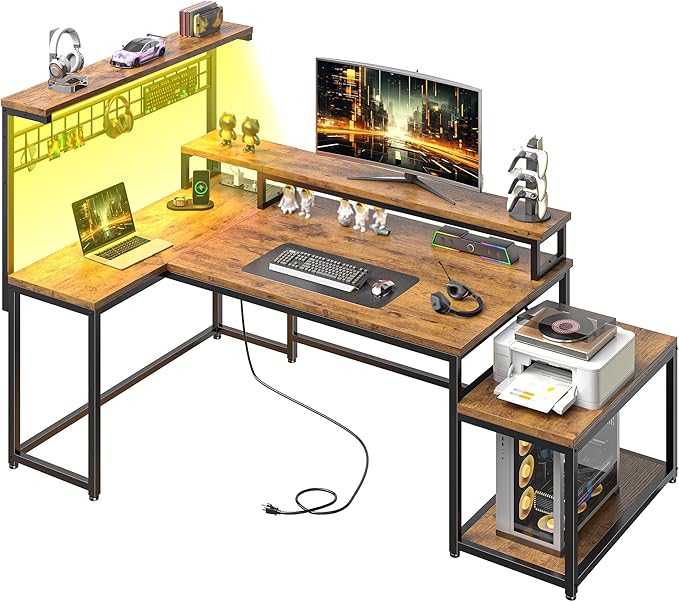 Gaming Desk with Shelves & Hooks, 63.5"L Shaped Computer Desk with LED Lights & Power Outlets & Monitor Stand and Printer Space for Home Office, Writing Desk of Bedroom, Living Room, Rustic Brown