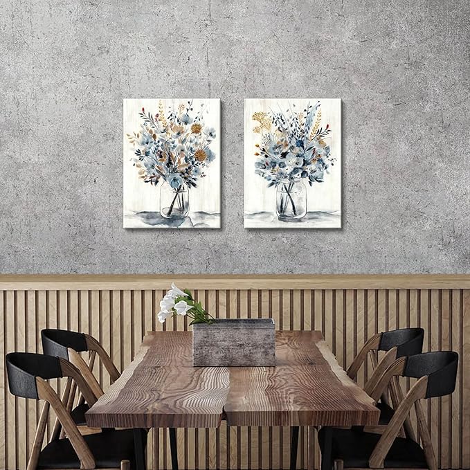 Hardy Gallery Floral Painting Canvas Wall Art: Abstract Flower Bouquet in Glass Bottle Picture Print for Dining Room (18'' x 24'' x 2 Panels)