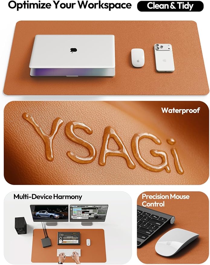 YSAGi Leather Desk Protector, Office Mat, Large Mouse Mat, Non-Slip PU Leather Blotter, Laptop Desk Pad, Waterproof Writing Pad for Office and Home (Brown, 47.2" x 23.6")