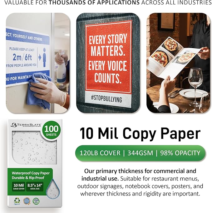 TerraSlate Printable Waterproof Paper for Laser Printer, 10 MIL 8.5" x 14", 100 Sheets, Matte White Printer Paper I Rip-Resistant, Weather/Rain Proof Copy Paper