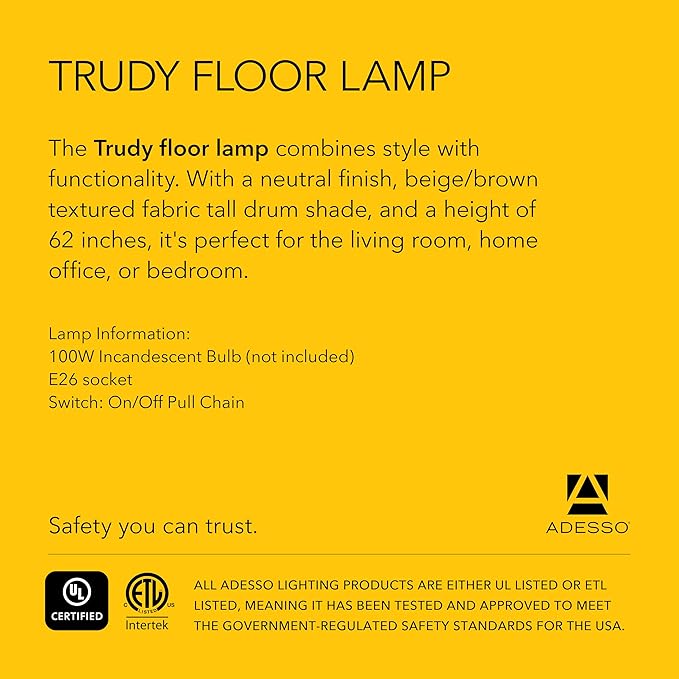 Adesso Floor Lamp with Walnut Base, Black Body and Beige Fabric Lampshade – Lamp for Bedroom, Living Room, and House Décor, 62” x 8.5”