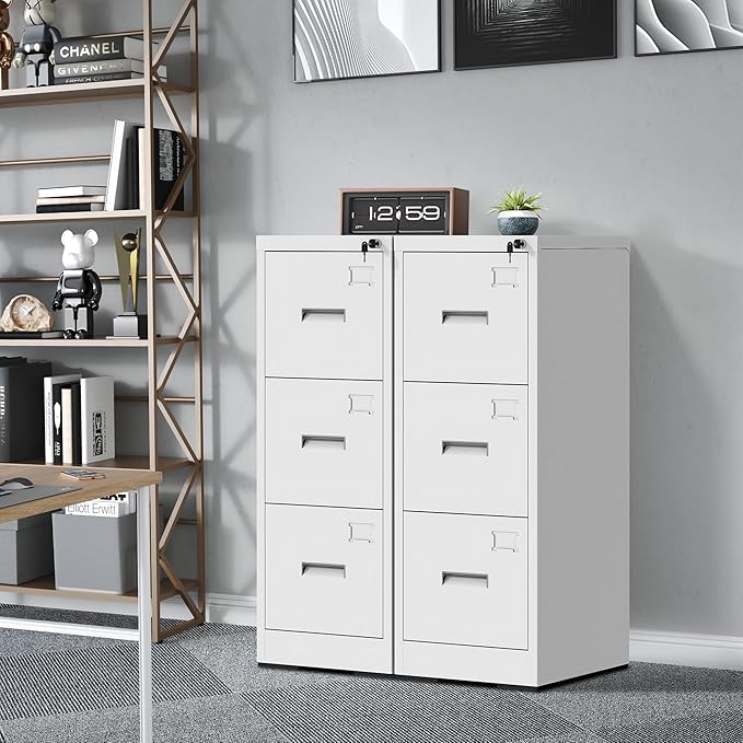 3 Drawer Filing Cabinet with Lock and Card Slot, Vertical Locking File Cabinet for Home Office, Small Metal File Cabinets for Storage Legal Letter File Folders, Assembly Required(White)